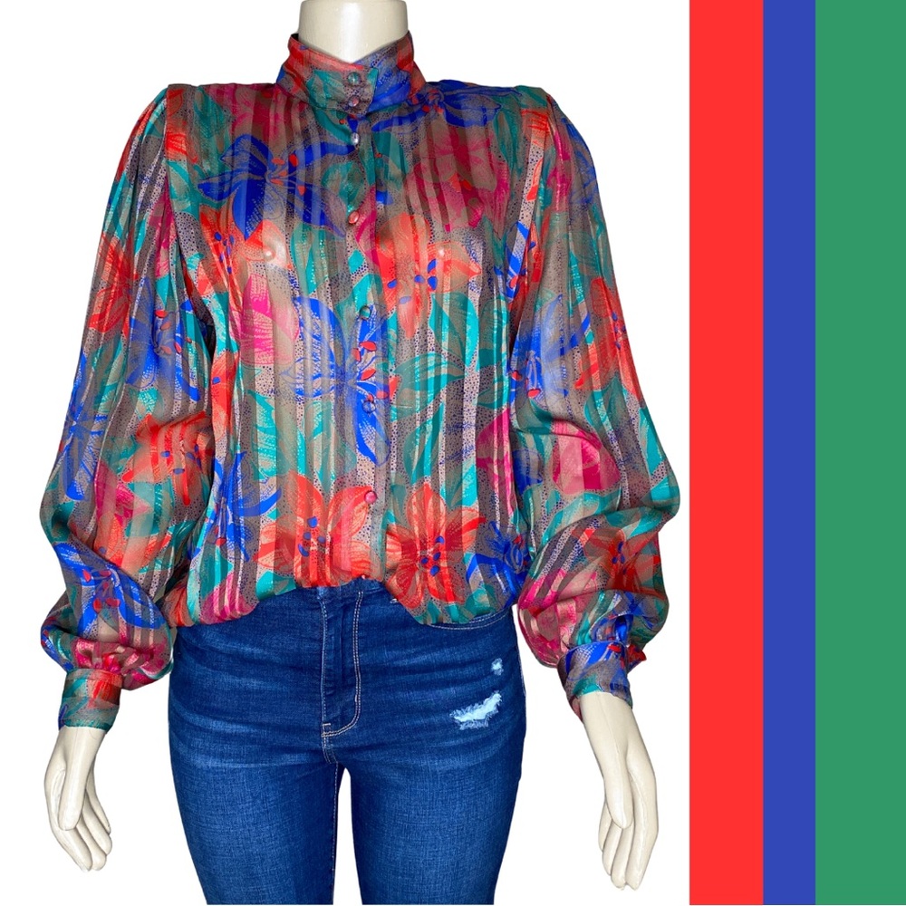 Vintage Colorful Floral Satin Striped Studio Retro Poet Blouse Holiday Top (M)